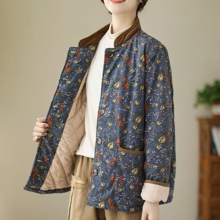 Buddha Stones Winter Floral Plaid Warm Long Sleeve Cotton Jacket With Pockets