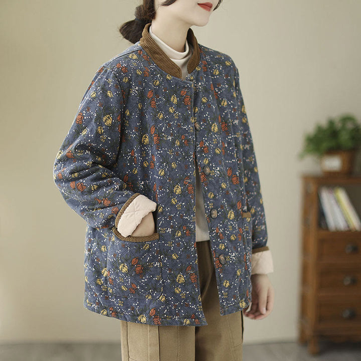 Buddha Stones Winter Floral Plaid Warm Long Sleeve Cotton Jacket With Pockets