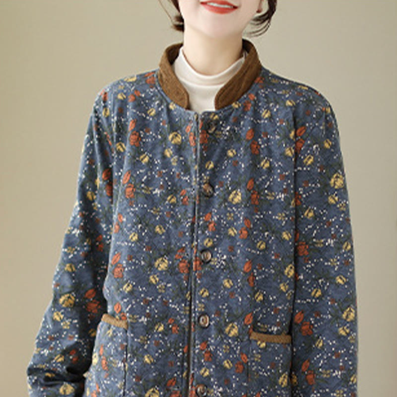 Buddha Stones Winter Floral Plaid Warm Long Sleeve Cotton Jacket With Pockets