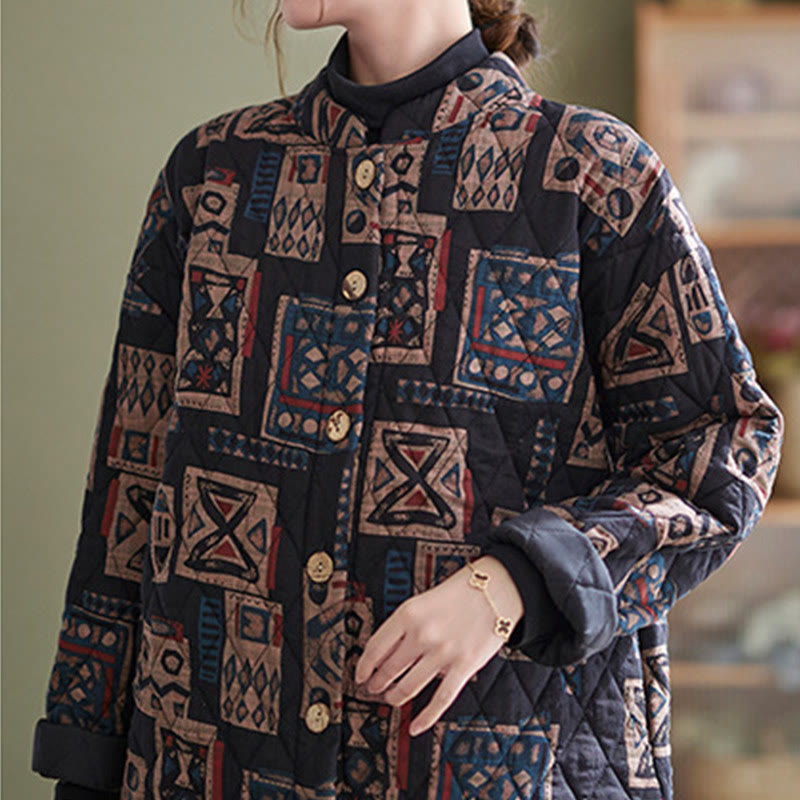 Buddha Stones Winter Square Plaid Warm Long Sleeve Cotton Jacket With Pockets