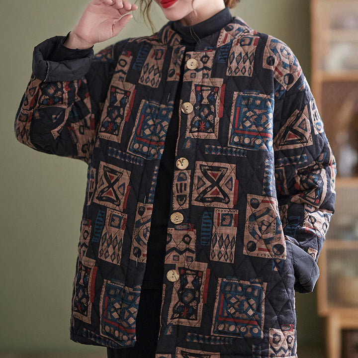 Buddha Stones Winter Square Plaid Warm Long Sleeve Cotton Jacket With Pockets