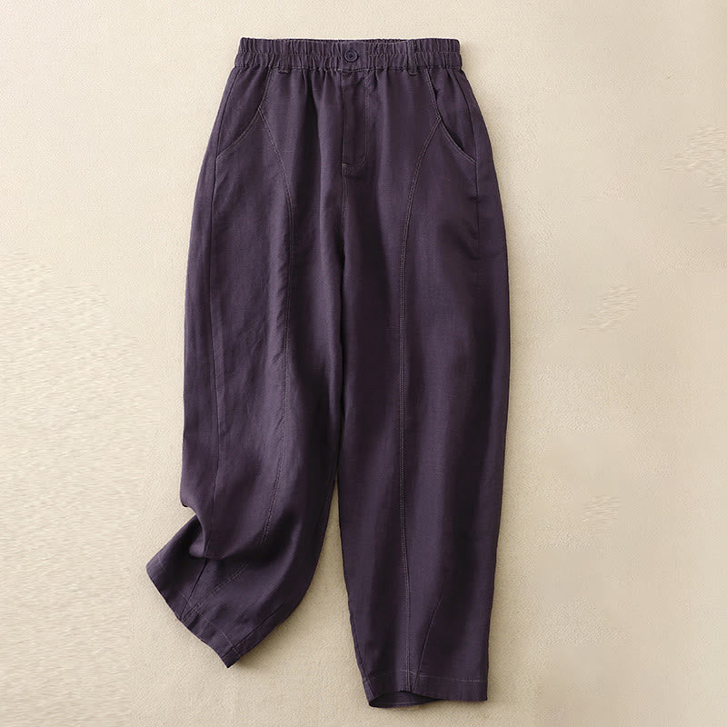 Buddha Stones Simple Elastic Waist Cotton Harem Pants With Pockets