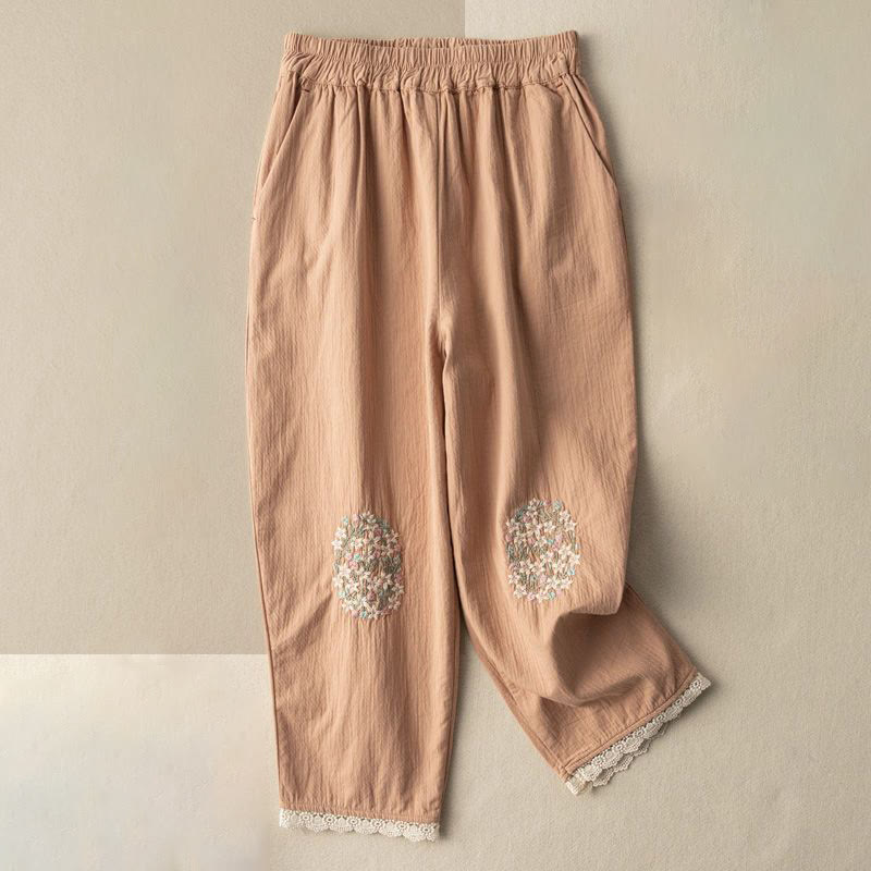 Buddha Stones Casual Lace Trim Embroidered Harem Pants With Pockets - SandyBrown - US14，UK/AU18，EU46 (4XL) - image 0
