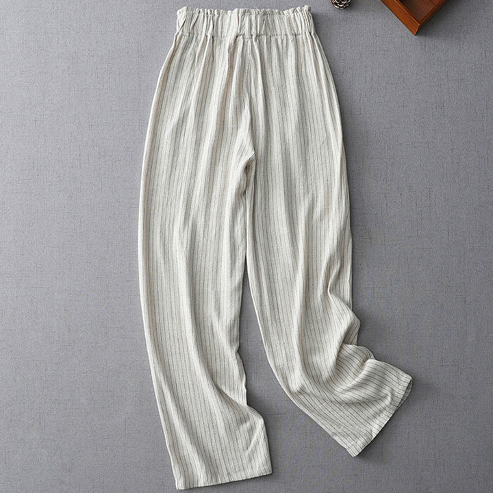 Buddha Stones Vertical Striped Cotton Linen High Waist Wide Leg Pants With Pockets