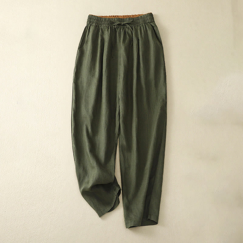 Buddha Stones Vintage High Waist Lace-up Cotton Linen Harem Pants With Pockets - Olive - US8-10，UK/AU12-14，EU40-42 (2XL) - image 34