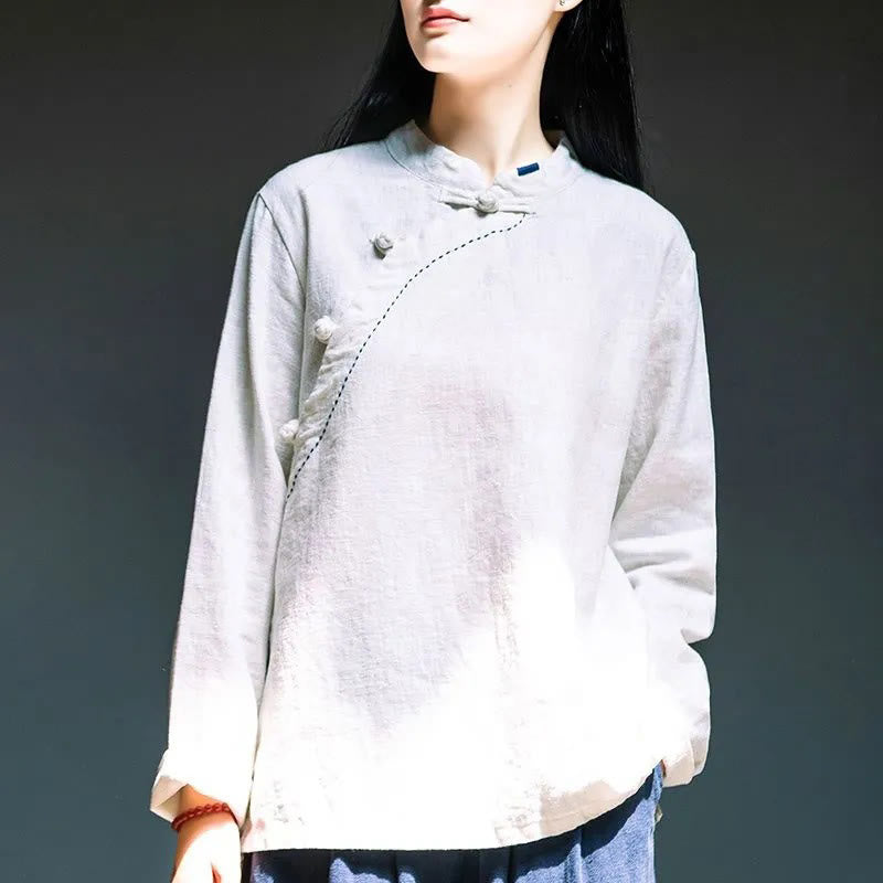 Buddha Stones Oblique Collar Knot button Cotton Loose Linen Clothing