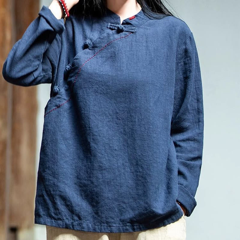 Buddha Stones Oblique Collar Knot button Cotton Loose Linen Clothing