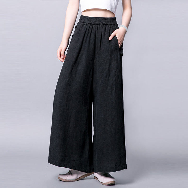 Buddha Stones Casual Frog-Button High Waist Wide Leg Pants With Pockets - Black - US12，UK/AU16，EU44 (3XL) - image 9