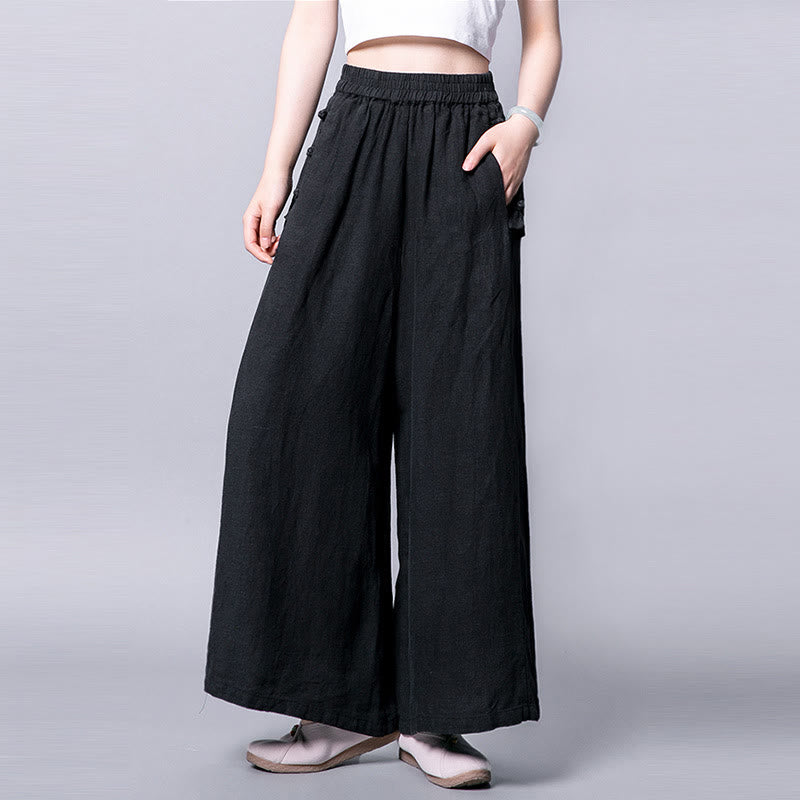 Buddha Stones Casual Cotton Frog-Button High Waist Wide Leg Pants With Pockets