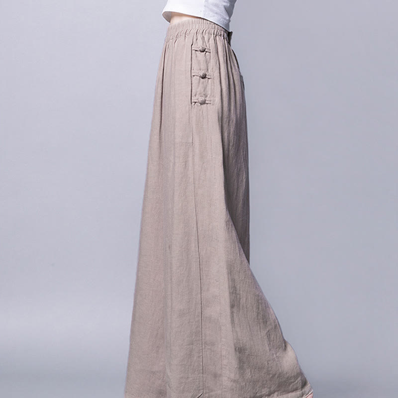 Buddha Stones Casual Cotton Frog-Button High Waist Wide Leg Pants With Pockets