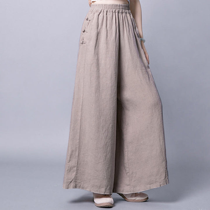 Buddha Stones Casual Cotton Frog-Button High Waist Wide Leg Pants With Pockets