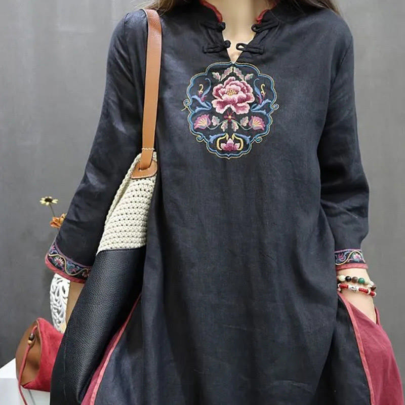 Buddha Stones Flower Embroidery Stand Collar Knot Button Cotton Midi Dress