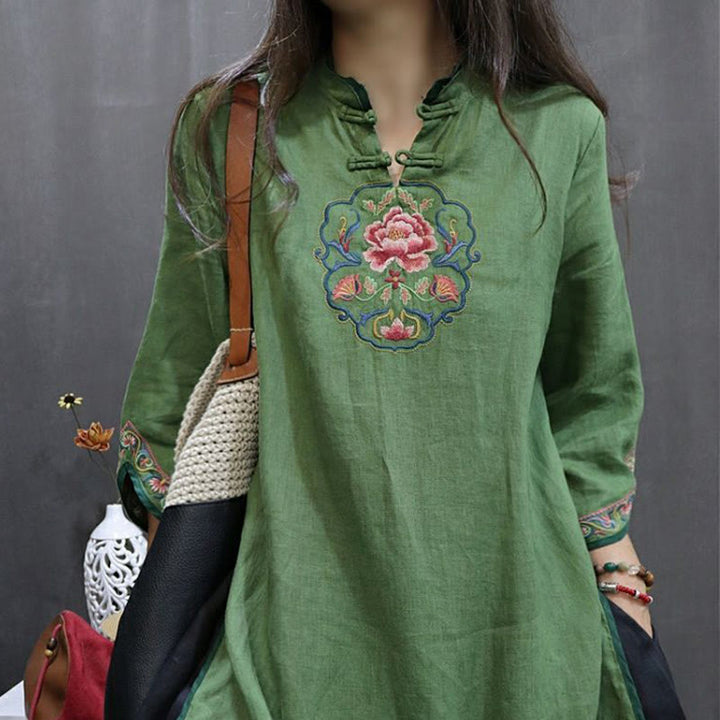 Buddha Stones Flower Embroidery Stand Collar Knot Button Cotton Midi Dress