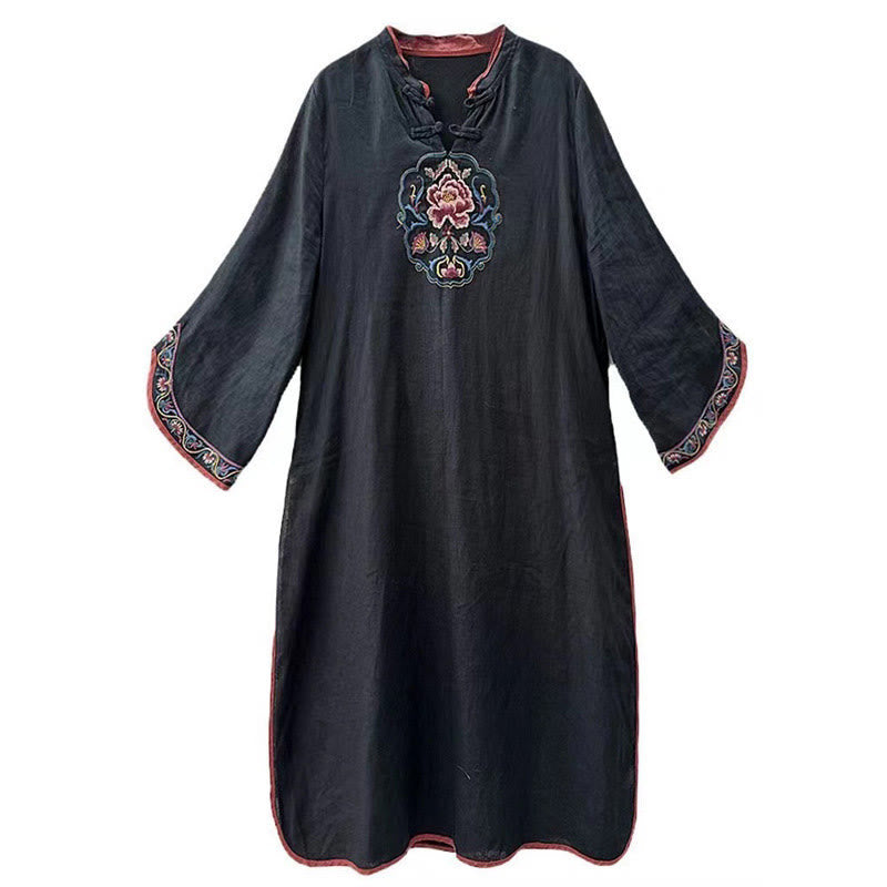 Buddha Stones Flower Embroidery Stand Collar Knot Button Cotton Midi Dress