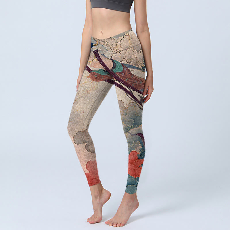 Buddha Stones Dunhuang Flying Apsaras Auspicious Clouds Print Fitness Leggings Women's Yoga Pants - Tan - US18，UK/AU22，EU50 (4XL) - image 1
