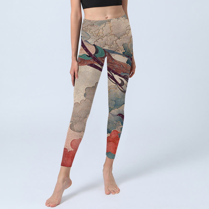 Buddha Stones Dunhuang Flying Apsaras Auspicious Clouds Print Fitness Leggings Women's Yoga Pants