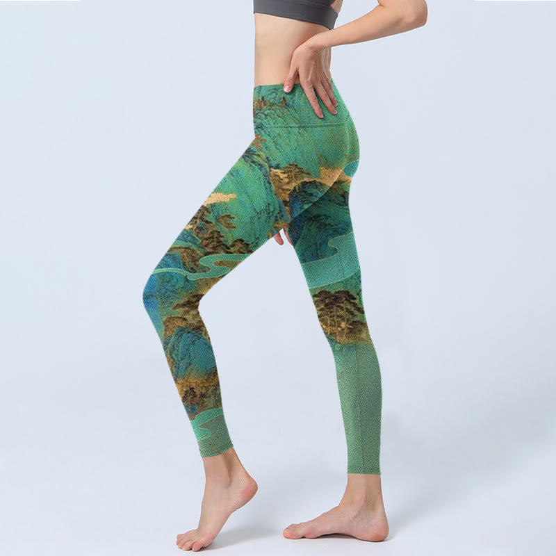 Buddha Stones Chinese Style Green Mountains Landscape Print Lycra Fabric Fitness Leggings Women's Yoga Pants