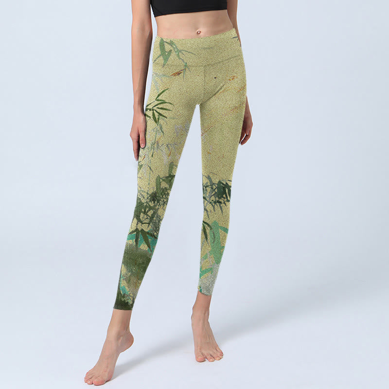 Buddha Stones Bamboo Print Lycra Fabric Fitness Leggings Women's Yoga Pants