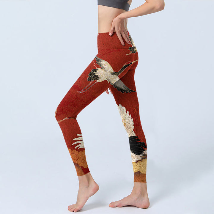 Buddha Stones Crane Print Lycra Fabric Fitness Leggings Women's Yoga Pants