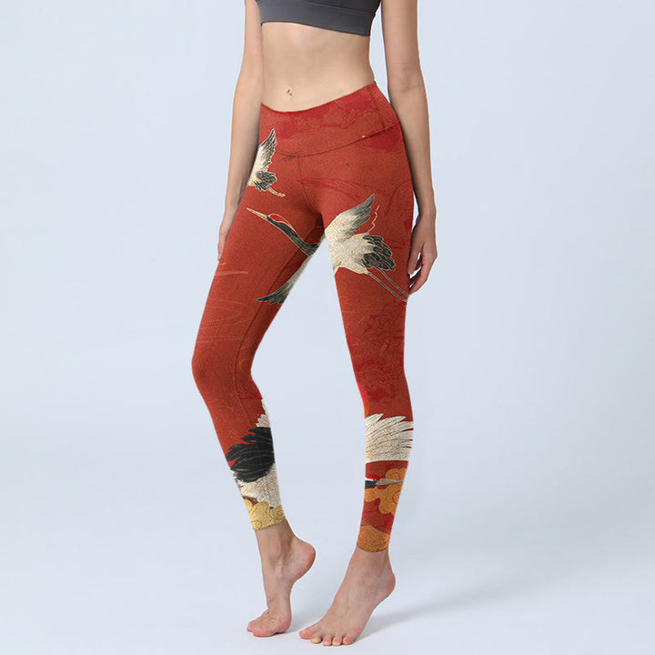 Buddha Stones Crane Print Lycra Fabric Fitness Leggings Women's Yoga Pants - Crimson - US18，UK/AU22，EU50 (4XL) - image 1