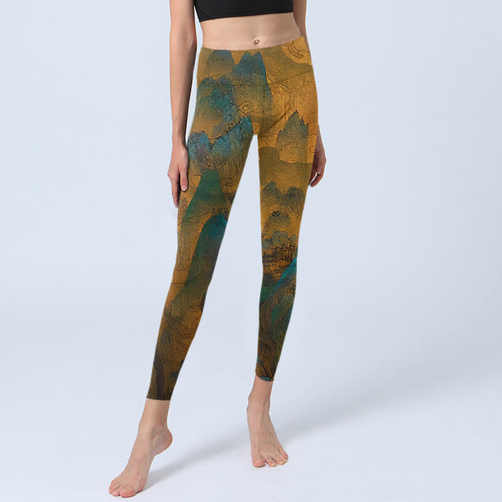 Buddha Stones Dark Goldenrod Mountain Print Fitness Leggings Women's Yoga Pants