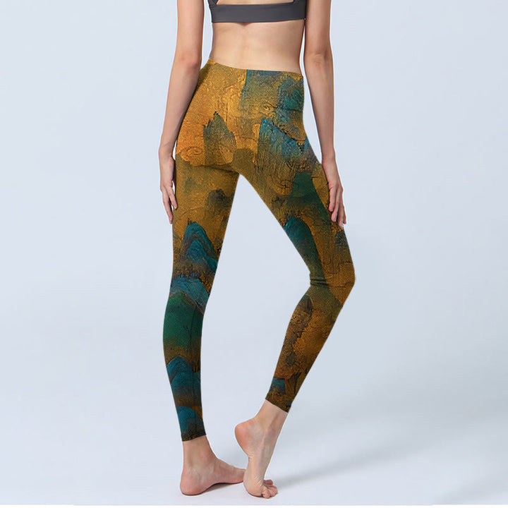 Buddha Stones Dark Goldenrod Mountain Print Fitness Leggings Women's Yoga Pants