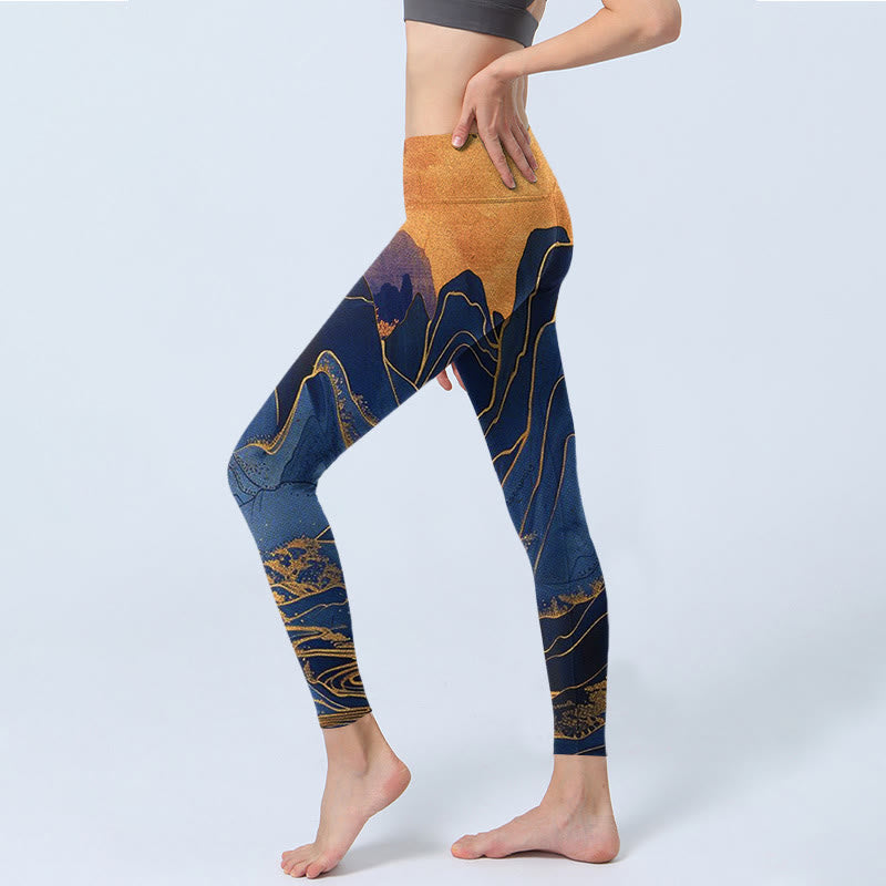 Buddha Stones Dark Blue Mountain Sunset Print Fitness Leggings Women's Yoga Pants