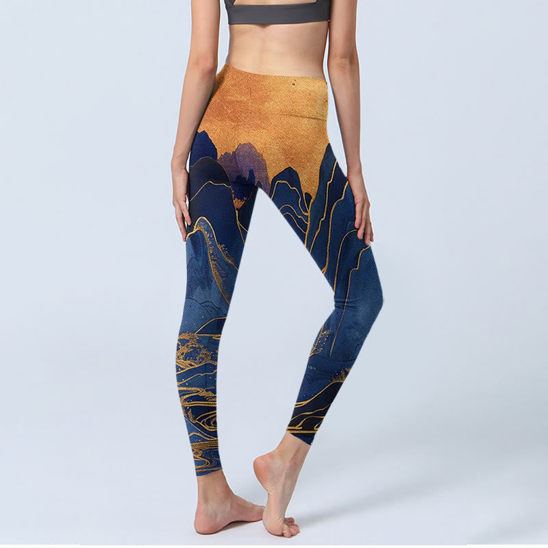 Buddha Stones Dark Blue Mountain Sunset Print Fitness Leggings Women's Yoga Pants