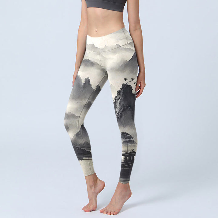 Buddha Stones Splash-ink Landscape Painting Print Fitness Leggings Women's Yoga Pants