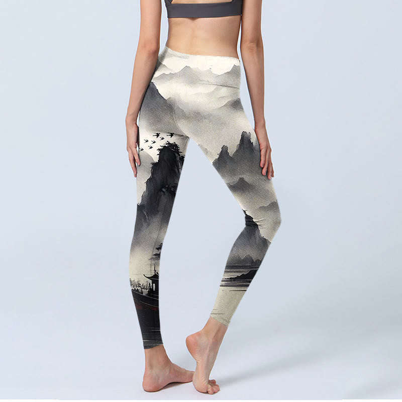 Buddha Stones Splash-ink Landscape Painting Print Fitness Leggings Women's Yoga Pants