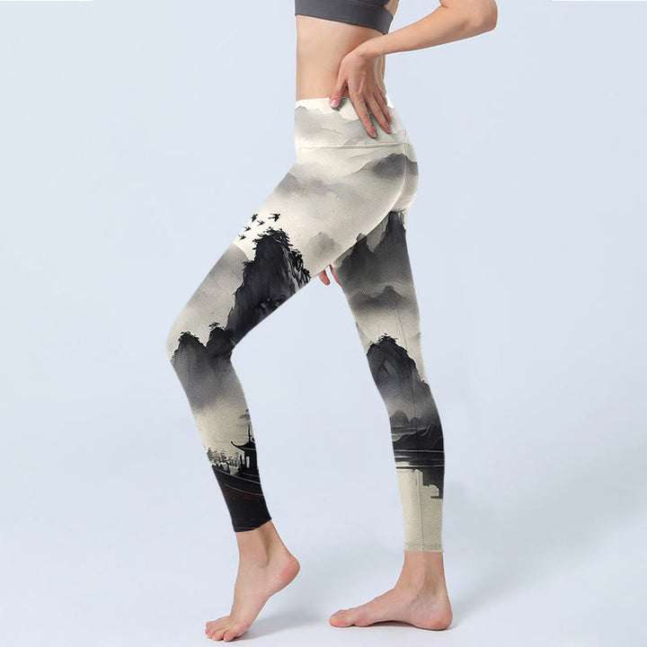 Buddha Stones Splash-ink Landscape Painting Print Fitness Leggings Women's Yoga Pants