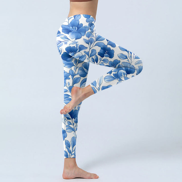 Buddha Stones Blue Flowers Print Fitness Leggings Women's Yoga Pants - image 3