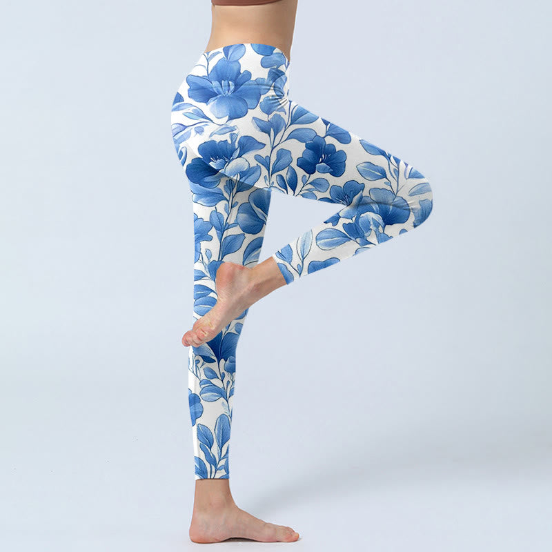 Buddha Stones Blue Flowers Print Fitness Leggings Women's Yoga Pants