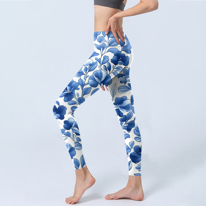 Buddha Stones Blue Flowers Print Fitness Leggings Women's Yoga Pants - image 2