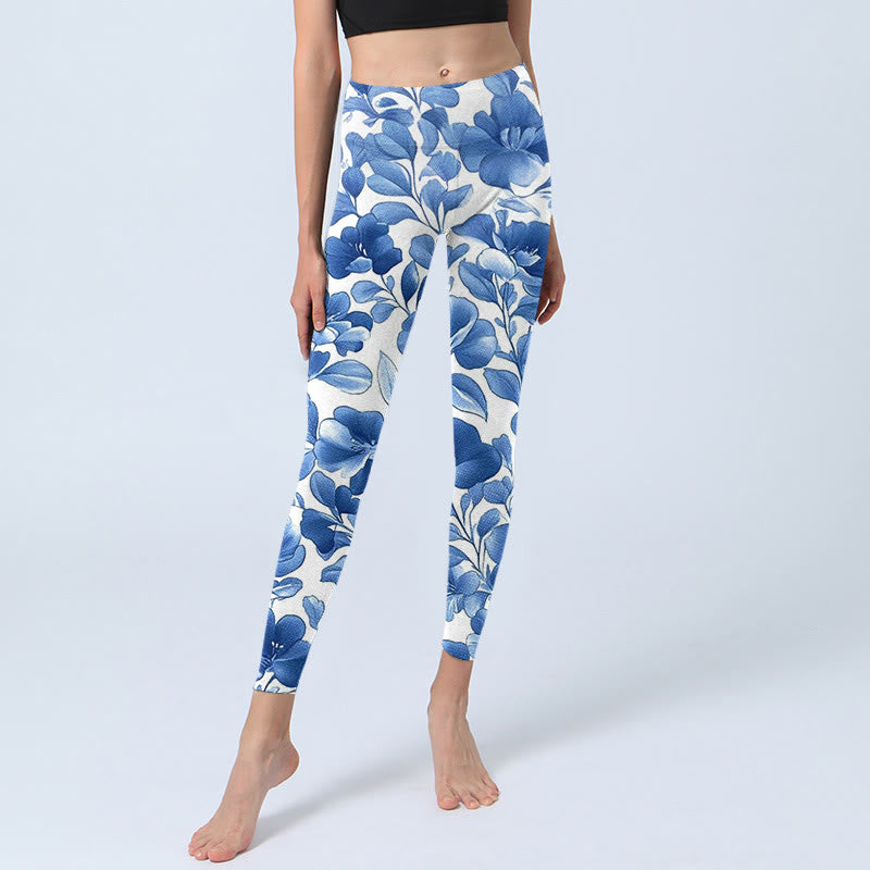 Buddha Stones Blue Flowers Print Fitness Leggings Women's Yoga Pants