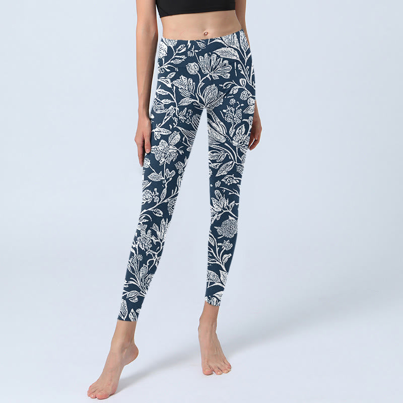 Buddha Stones Dark Blue Flower Print Fitness Leggings Women's Yoga Pants