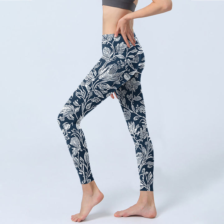 Buddha Stones Dark Blue Flower Print Fitness Leggings Women's Yoga Pants