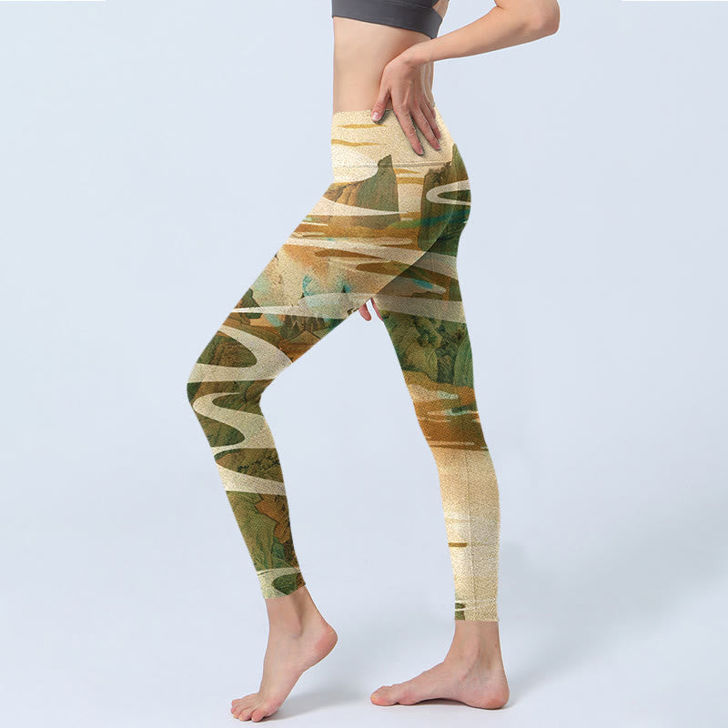 Buddha Stones Green Mountains Clouds Mist Print Fitness Leggings Women's Yoga Pants