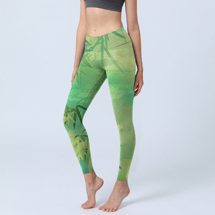 Buddha Stones Green Bamboo Pavilion Print Gym Leggings Women's Yoga Pants