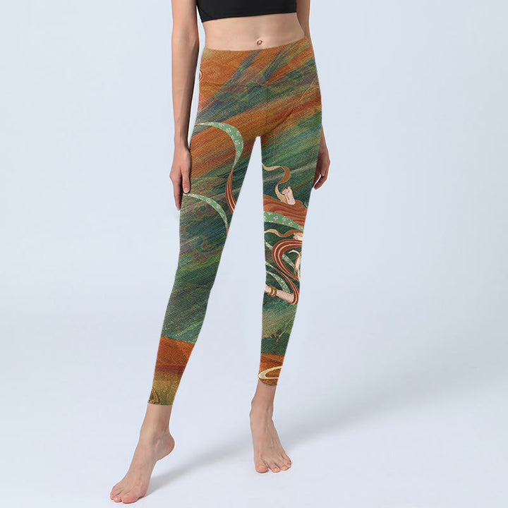 Buddha Stones Dunhuang Flying Apsaras Print Gym Leggings Women's Yoga Pants