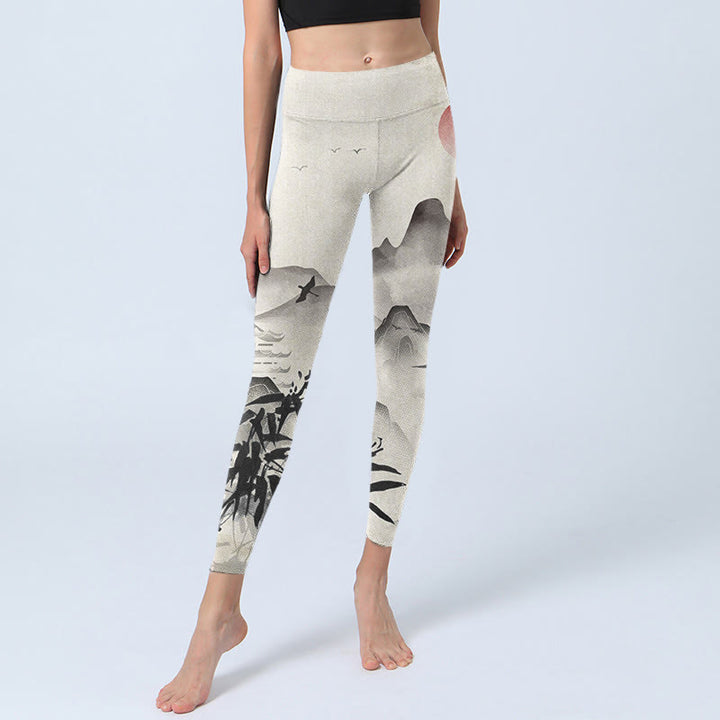 Buddha Stones Ink Bamboo Mountains Print Gym Leggings Women's Yoga Pants - image 6