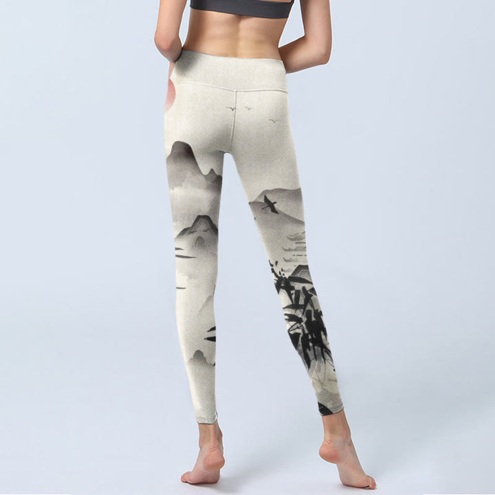 Buddha Stones Ink Bamboo Mountains Print Gym Leggings Women's Yoga Pants