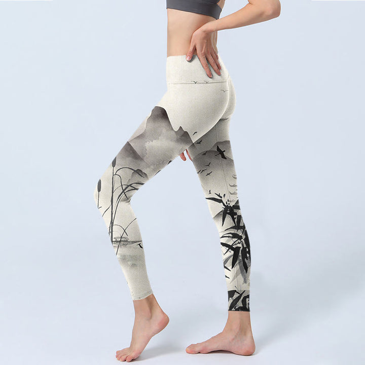 Buddha Stones Ink Bamboo Mountains Print Gym Leggings Women's Yoga Pants - image 2