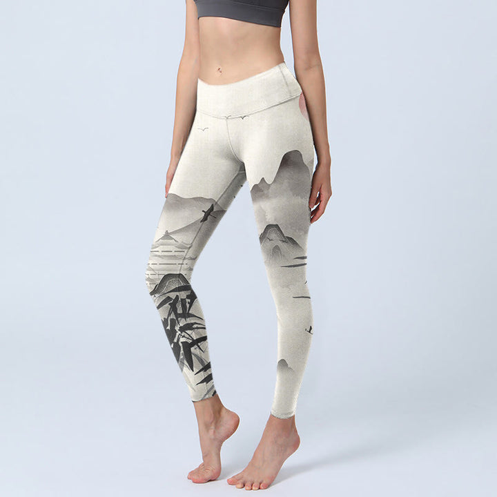 Buddha Stones Ink Bamboo Mountains Print Gym Leggings Women's Yoga Pants - Ivory - US18，UK/AU22，EU50 (4XL) - image 0
