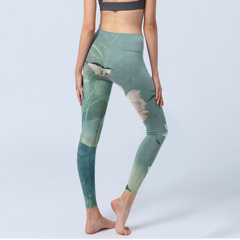 Buddha Stones Lotus Leaf Bird Print Gym Leggings Women's Yoga Pants