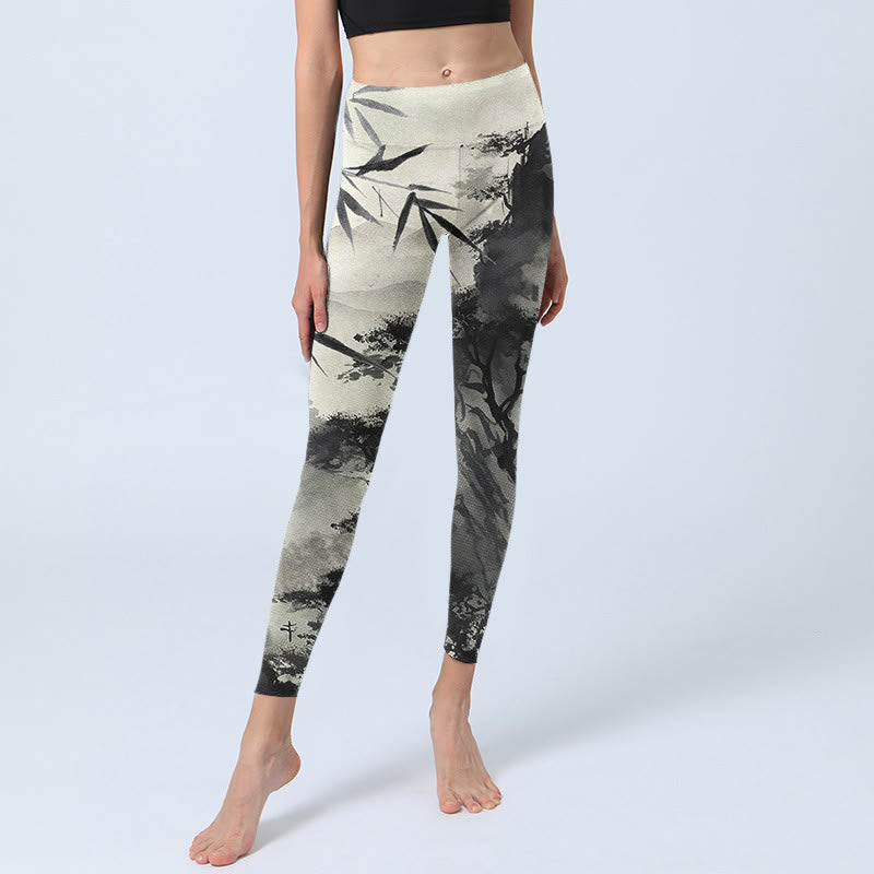 Buddha Stones Ink Bamboo Pine Mountains Print Gym Leggings Women's Yoga Pants