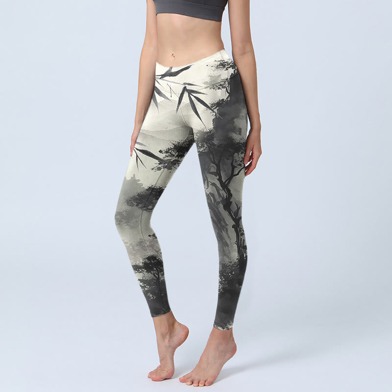 Buddha Stones Ink Bamboo Pine Mountains Print Gym Leggings Women's Yoga Pants - LightGrey - US18，UK/AU22，EU50 (4XL) - image 0