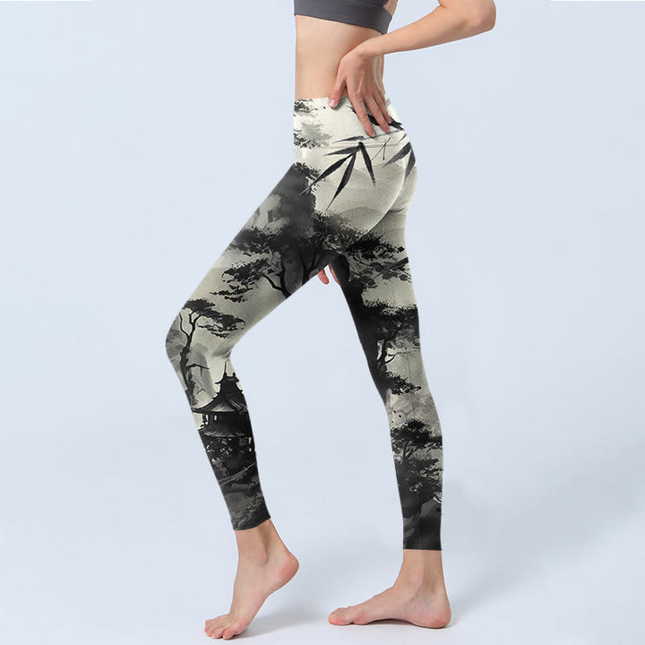 Buddha Stones Ink Bamboo Pine Mountains Print Gym Leggings Women's Yoga Pants