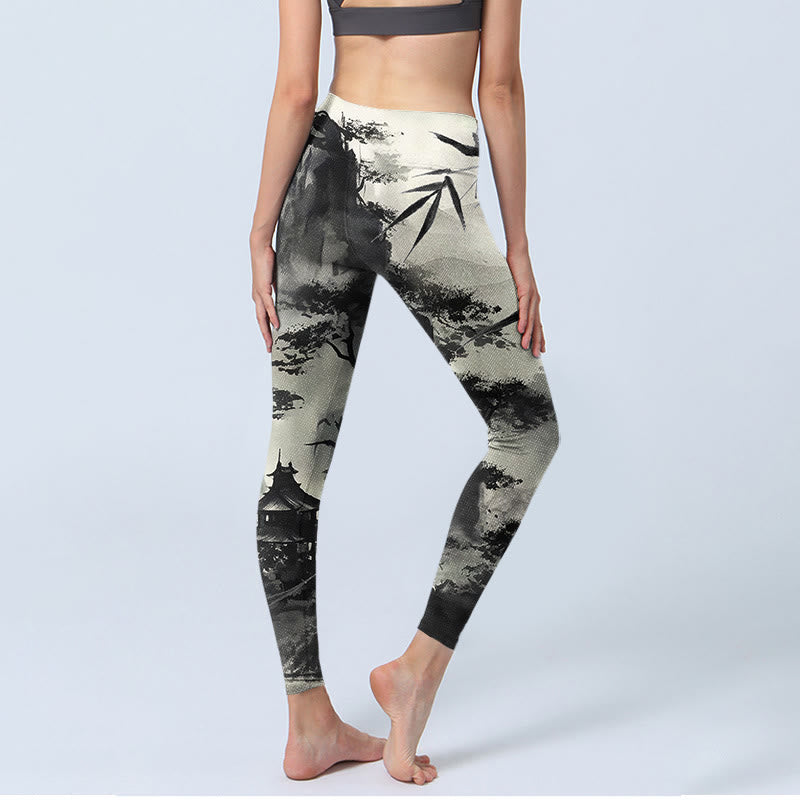 Buddha Stones Ink Bamboo Pine Mountains Print Gym Leggings Women's Yoga Pants - image 4