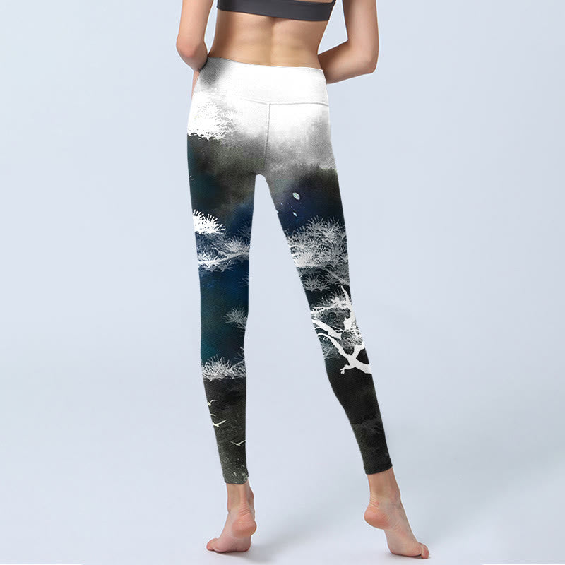 Buddha Stones Ink Painting Pine Tree Print Gym Leggings Women's Yoga Pants